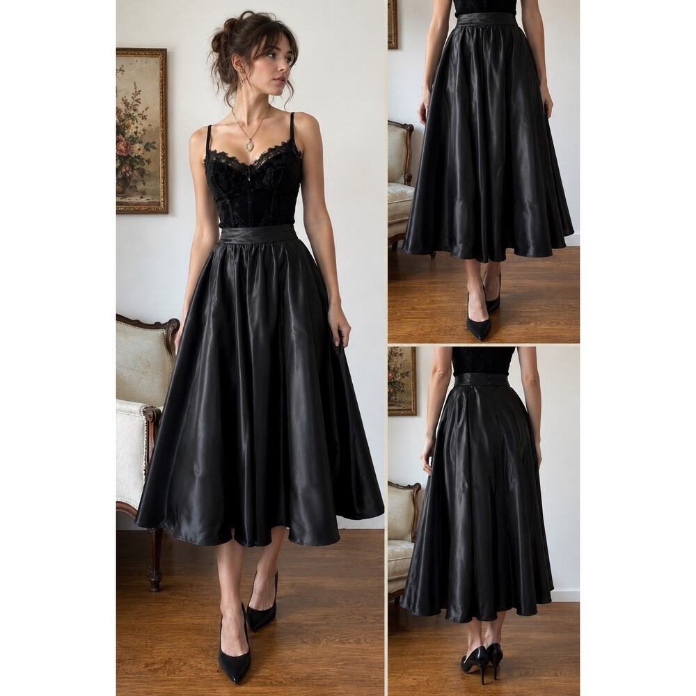 Vintage Gunne Sax by Jessica McClintock Black Satin Full Circle Skirt USA Sz 13